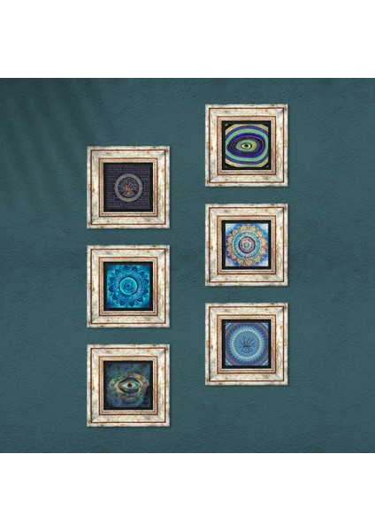 Mandala, Nazar Taş Duvar Tablosu Çerçeveli Duvar Dekoru 6 Parça Tablo Seti Wall Art T6-78