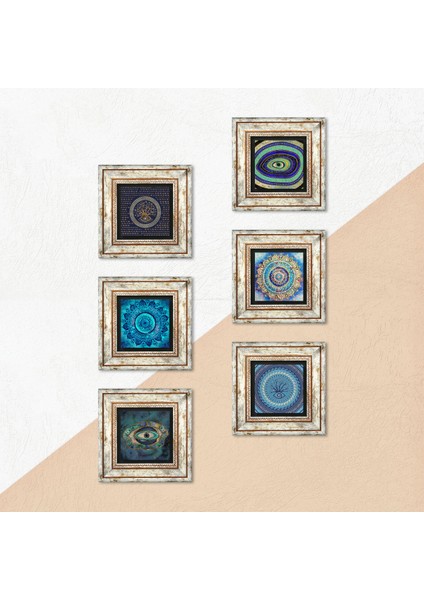 Mandala, Nazar Taş Duvar Tablosu Çerçeveli Duvar Dekoru 6 Parça Tablo Seti Wall Art T6-78