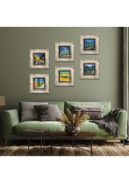 Van Gogh Taş Duvar Tablosu Çerçeveli Duvar Dekoru 6 Parça Tablo Seti Wall Art T6-79