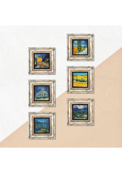 Van Gogh Taş Duvar Tablosu Çerçeveli Duvar Dekoru 6 Parça Tablo Seti Wall Art T6-79
