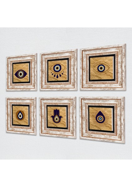 Fatma Ana Eli (Hamsa), Nazar Taş Duvar Tablosu Çerçeveli Duvar Dekoru 6 Parça Tablo Seti Wall Art T6-87