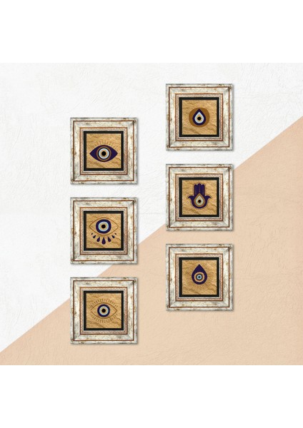 Fatma Ana Eli (Hamsa), Nazar Taş Duvar Tablosu Çerçeveli Duvar Dekoru 6 Parça Tablo Seti Wall Art T6-87