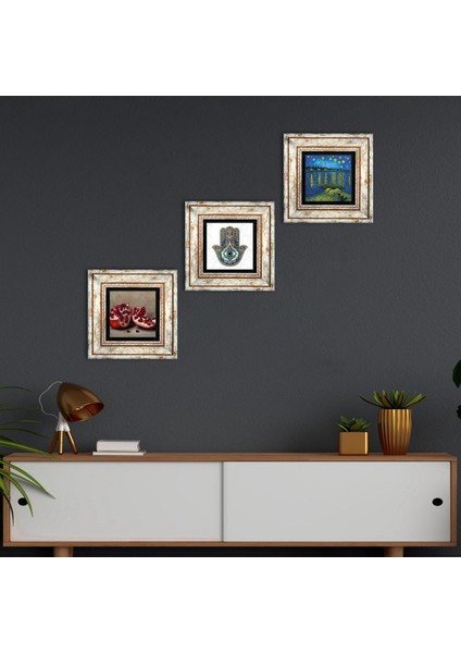 Van Gogh Ren Nehri, Nar, Fatma Ana Eli Taş Duvar Tablosu Çerçeveli Duvar Dekoru 3 Parça Tablo Seti Wall Art T3-776