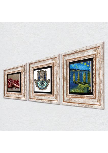 Van Gogh Ren Nehri, Nar, Fatma Ana Eli Taş Duvar Tablosu Çerçeveli Duvar Dekoru 3 Parça Tablo Seti Wall Art T3-776 fiyatları