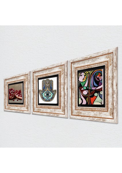 Picasso Ayna Karşısındaki Kız, Nar, Fatma Ana Eli (Hamsa) Taş Duvar Tablosu Çerçeveli Duvar Dekoru 3 Parça Tablo Seti Wall Art T3-777