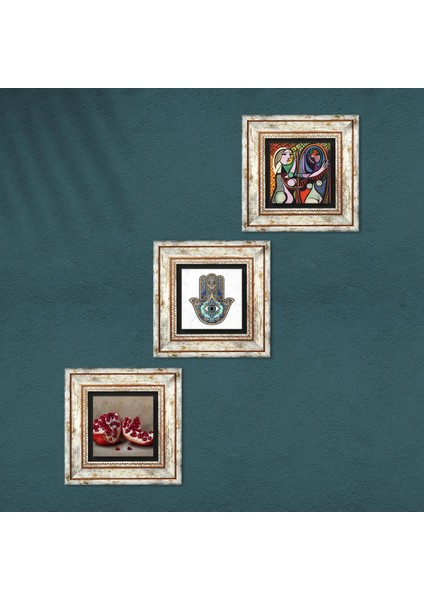 Picasso Ayna Karşısındaki Kız, Nar, Fatma Ana Eli (Hamsa) Taş Duvar Tablosu Çerçeveli Duvar Dekoru 3 Parça Tablo Seti Wall Art T3-777