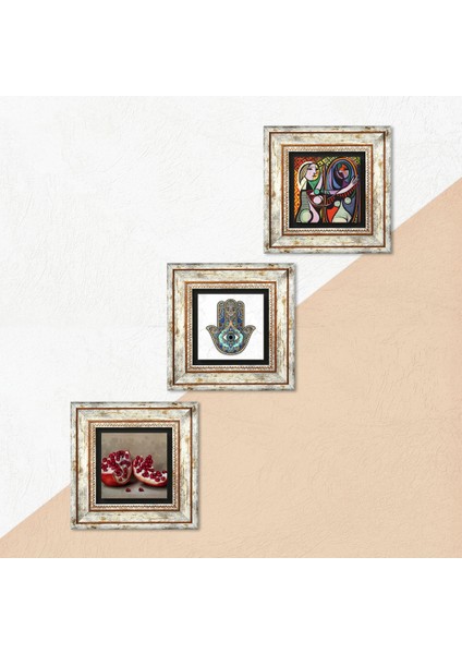 Picasso Ayna Karşısındaki Kız, Nar, Fatma Ana Eli (Hamsa) Taş Duvar Tablosu Çerçeveli Duvar Dekoru 3 Parça Tablo Seti Wall Art T3-777