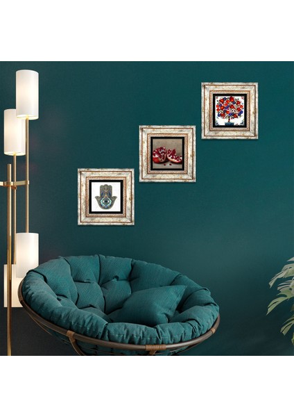 Nar, Nar Ağacı, Fatma Ana Eli (Hamsa) Taş Duvar Tablosu Çerçeveli Duvar Dekoru 3 Parça Tablo Seti Wall Art T3-22