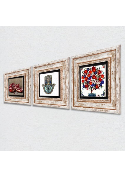 Nar, Nar Ağacı, Fatma Ana Eli (Hamsa) Taş Duvar Tablosu Çerçeveli Duvar Dekoru 3 Parça Tablo Seti Wall Art T3-22