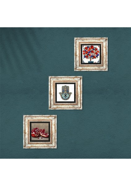 Nar, Nar Ağacı, Fatma Ana Eli (Hamsa) Taş Duvar Tablosu Çerçeveli Duvar Dekoru 3 Parça Tablo Seti Wall Art T3-22