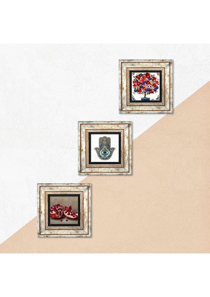 Nar, Nar Ağacı, Fatma Ana Eli (Hamsa) Taş Duvar Tablosu Çerçeveli Duvar Dekoru 3 Parça Tablo Seti Wall Art T3-22