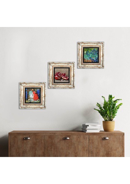 Van Gogh İrisler, Kaplumbağa Terbiyecisi, Nar Taş Duvar Tablosu Çerçeveli Duvar Dekoru 3 Parça Tablo Seti Wall Art T3-1530