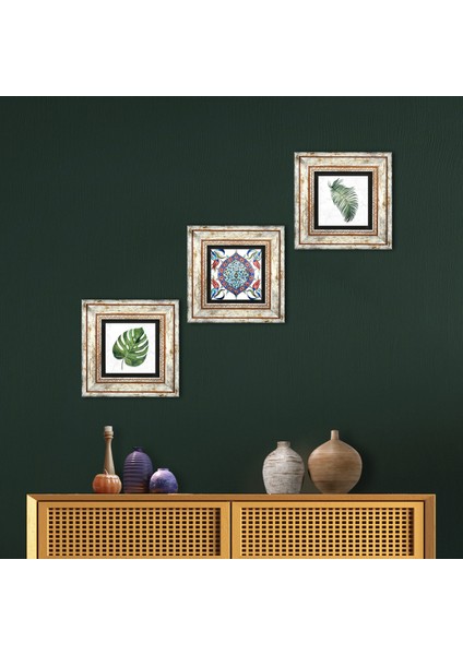 Stone Yaprak, Çini Sanatı Çerçeveli Taş Duvar Tablosu 3’lü Set - Dekoratif Modern Sanat, Ev ve Ofis Dekoru |TK3-404|