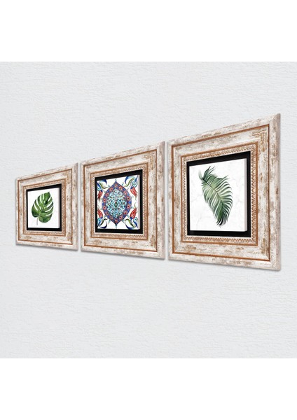 Stone Yaprak, Çini Sanatı Çerçeveli Taş Duvar Tablosu 3’lü Set - Dekoratif Modern Sanat, Ev ve Ofis Dekoru |TK3-404| fiyatları