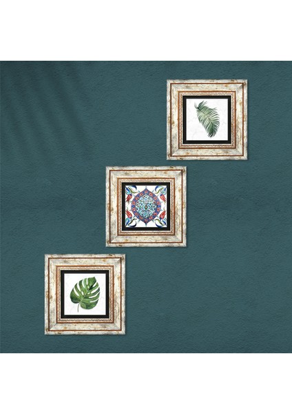 Stone Yaprak, Çini Sanatı Çerçeveli Taş Duvar Tablosu 3’lü Set - Dekoratif Modern Sanat, Ev ve Ofis Dekoru |TK3-404| fırsatları