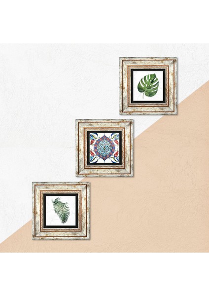 Stone Yaprak, Çini Sanatı Çerçeveli Taş Duvar Tablosu 3’lü Set - Dekoratif Modern Sanat, Ev ve Ofis Dekoru |TK3-404| indirimleri