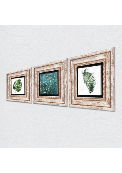 Yaprak, Van Gogh Badem Ağacı Taş Duvar Tablosu Çerçeveli Duvar Dekoru 3 Parça Tablo Seti Wall Art T3-407