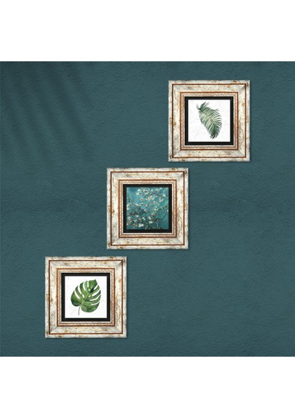 Yaprak, Van Gogh Badem Ağacı Taş Duvar Tablosu Çerçeveli Duvar Dekoru 3 Parça Tablo Seti Wall Art T3-407