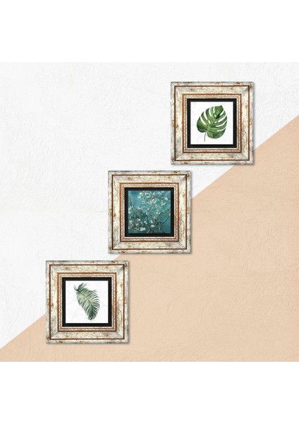 Yaprak, Van Gogh Badem Ağacı Taş Duvar Tablosu Çerçeveli Duvar Dekoru 3 Parça Tablo Seti Wall Art T3-407