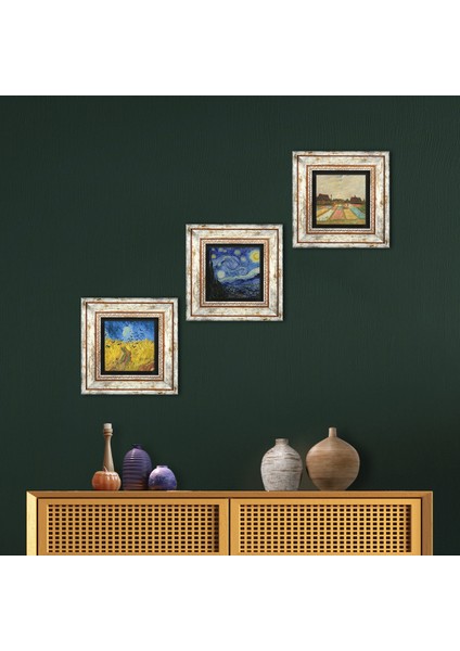 Stone Van Gogh Çerçeveli Taş Duvar Tablosu 3’lü Set - Dekoratif Modern Sanat, Ev ve Ofis Dekoru |TK3-497|