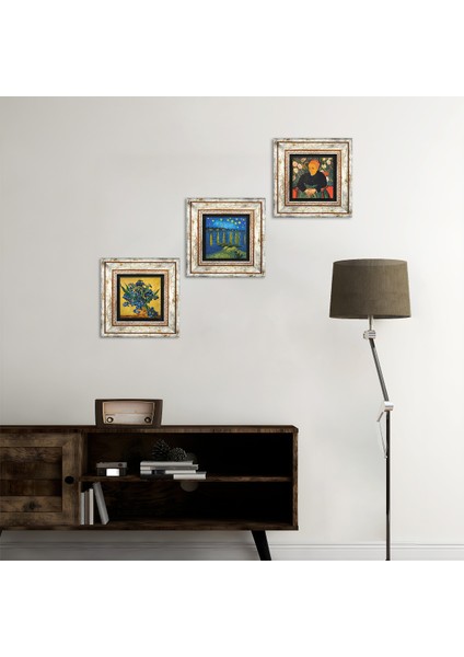 Van Gogh Ren Nehri, Süsenler, La Berceuse Taş Duvar Tablosu Çerçeveli Duvar Dekoru 3 Parça Tablo Seti Wall Art T3-516