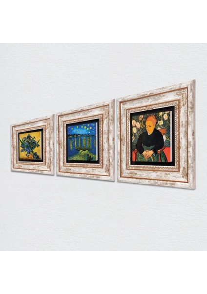 Van Gogh Ren Nehri, Süsenler, La Berceuse Taş Duvar Tablosu Çerçeveli Duvar Dekoru 3 Parça Tablo Seti Wall Art T3-516