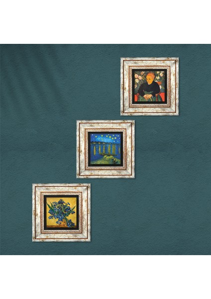 Van Gogh Ren Nehri, Süsenler, La Berceuse Taş Duvar Tablosu Çerçeveli Duvar Dekoru 3 Parça Tablo Seti Wall Art T3-516