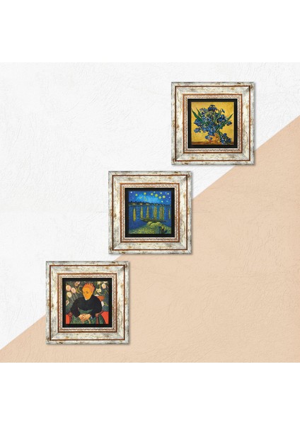 Van Gogh Ren Nehri, Süsenler, La Berceuse Taş Duvar Tablosu Çerçeveli Duvar Dekoru 3 Parça Tablo Seti Wall Art T3-516