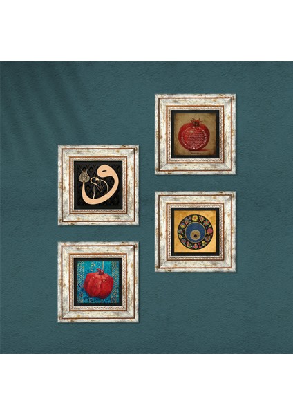Vav, Nazar, Bereket Duası, Nar Çerçeveli Taş Duvar Tablosu 4’lü Set - Dekoratif Modern Sanat, Ev ve Ofis Dekoru |TK4-207| fırsatları