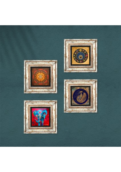 Stone Fil, Tavus Kuşu, Sri Yantra, Nazar Çerçeveli Taş Duvar Tablosu 4’lü Set - Dekoratif Modern Sanat, Ev ve Ofis Dekoru |TK4-312| fırsatları