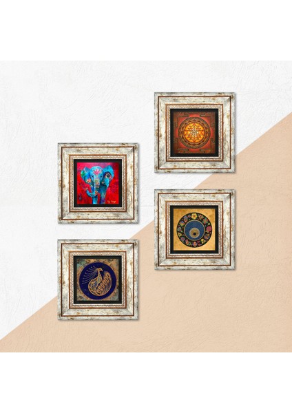 Stone Fil, Tavus Kuşu, Sri Yantra, Nazar Çerçeveli Taş Duvar Tablosu 4’lü Set - Dekoratif Modern Sanat, Ev ve Ofis Dekoru |TK4-312| indirimleri