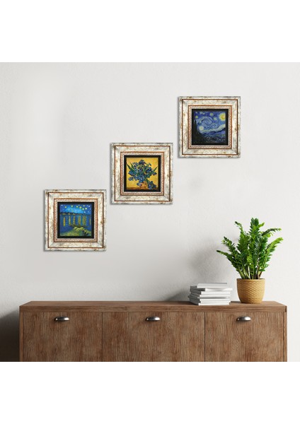 Van Gogh Ren Nehri, Süsenler, Yıldızlı Gece Taş Duvar Tablosu Çerçeveli Duvar Dekoru 3 Parça Tablo Seti Wall Art T3-510
