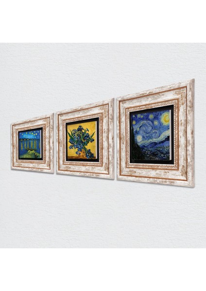 Van Gogh Ren Nehri, Süsenler, Yıldızlı Gece Taş Duvar Tablosu Çerçeveli Duvar Dekoru 3 Parça Tablo Seti Wall Art T3-510