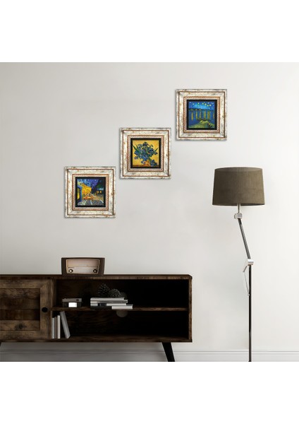 Van Gogh Ren Nehri, Süsenler, Kafe Terasta Gece Çerçeveli Taş Duvar Tablosu 3’lü Set - Dekoratif Modern Sanat, Ev ve Ofis Dekoru |TK3-513|
