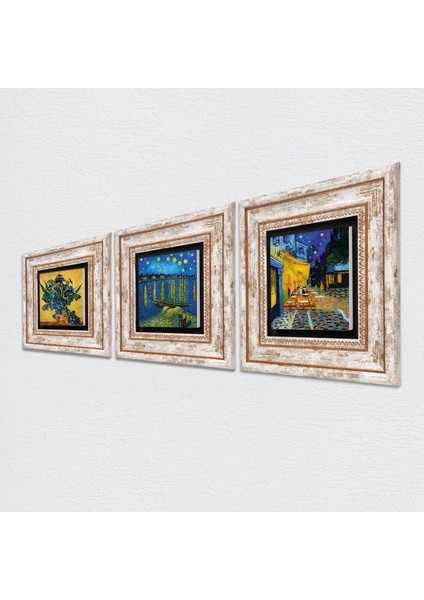 Van Gogh Ren Nehri, Süsenler, Kafe Terasta Gece Çerçeveli Taş Duvar Tablosu 3’lü Set - Dekoratif Modern Sanat, Ev ve Ofis Dekoru |TK3-513| fiyatları