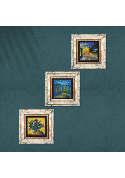 Van Gogh Ren Nehri, Süsenler, Kafe Terasta Gece Çerçeveli Taş Duvar Tablosu 3’lü Set - Dekoratif Modern Sanat, Ev ve Ofis Dekoru |TK3-513| fırsatları