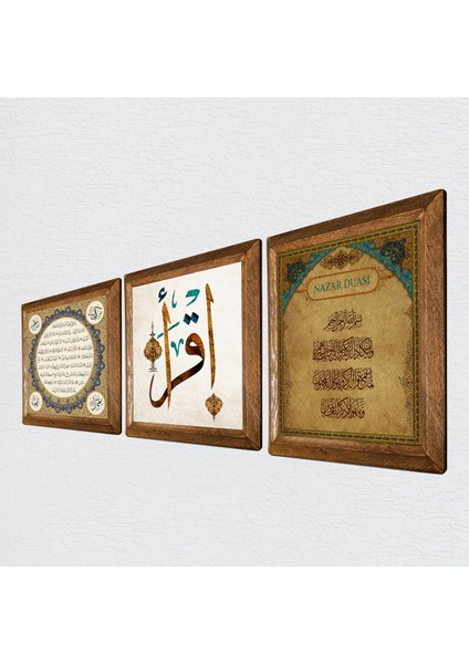 İlk Ayet 'Oku', Nazar Duası, Hilye-i Şerif Taş Duvar Tablosu Ahşap Çerçeveli Duvar Dekoru 3 Parça Tablo Seti Wall Art W3-211