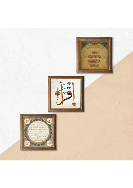 İlk Ayet 'Oku', Nazar Duası, Hilye-i Şerif Taş Duvar Tablosu Ahşap Çerçeveli Duvar Dekoru 3 Parça Tablo Seti Wall Art W3-211