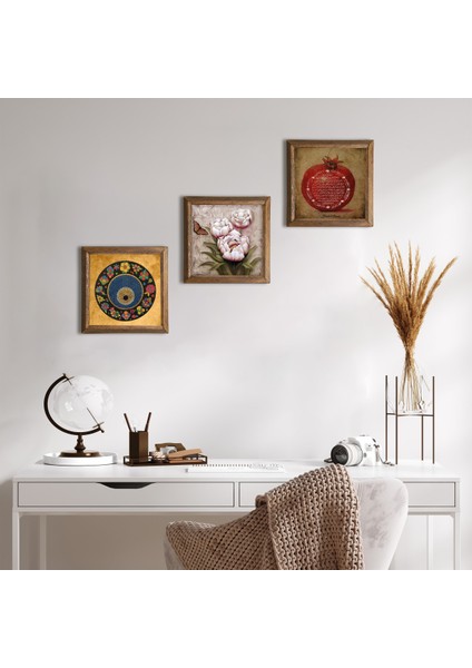 Stone Fil, Nazar, Şahmeran Ahşap Çerçeveli Taş Duvar Tablosu 3’lü Set – 25x25 cm Dekoratif Modern Sanat – Ev ve Ofis Dekoru |W3-278|
