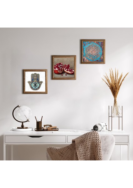 Stone Yaşam Çiçeği, Nar, Fatma Ana Eli (Hamsa) Ahşap Çerçeveli Taş Duvar Tablosu 3’lü Set – 25x25 cm Dekoratif Modern Sanat – Ev ve Ofis Dekoru |W3-314|