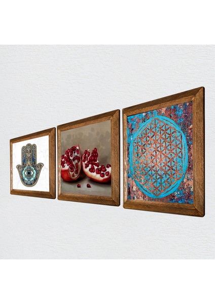Stone Yaşam Çiçeği, Nar, Fatma Ana Eli (Hamsa) Ahşap Çerçeveli Taş Duvar Tablosu 3’lü Set – 25x25 cm Dekoratif Modern Sanat – Ev ve Ofis Dekoru |W3-314| fiyatları