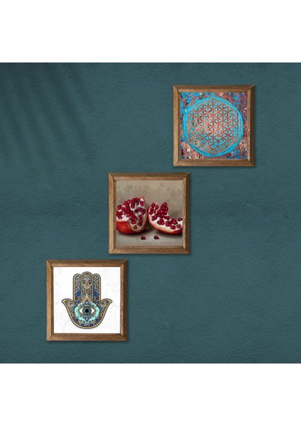 Stone Yaşam Çiçeği, Nar, Fatma Ana Eli (Hamsa) Ahşap Çerçeveli Taş Duvar Tablosu 3’lü Set – 25x25 cm Dekoratif Modern Sanat – Ev ve Ofis Dekoru |W3-314| modelleri