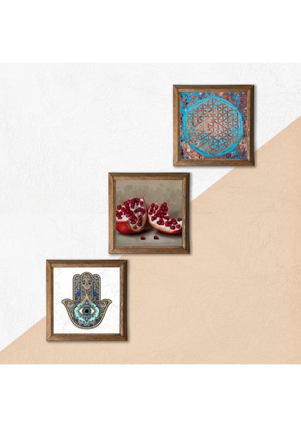 Stone Yaşam Çiçeği, Nar, Fatma Ana Eli (Hamsa) Ahşap Çerçeveli Taş Duvar Tablosu 3’lü Set – 25x25 cm Dekoratif Modern Sanat – Ev ve Ofis Dekoru |W3-314| indirimleri