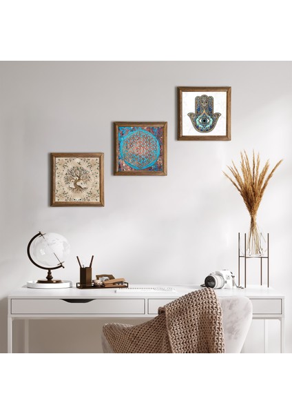 Yaşam Çiçeği, Hayat Ağacı, Fatma Ana Eli (Hamsa) Taş Duvar Tablosu Ahşap Çerçeveli Duvar Dekoru 3 Parça Tablo Seti Wall Art W3-316