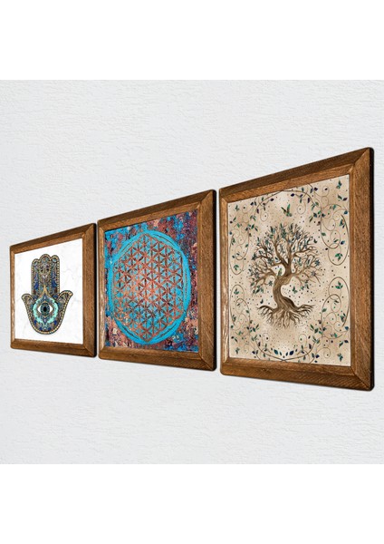 Yaşam Çiçeği, Hayat Ağacı, Fatma Ana Eli (Hamsa) Taş Duvar Tablosu Ahşap Çerçeveli Duvar Dekoru 3 Parça Tablo Seti Wall Art W3-316