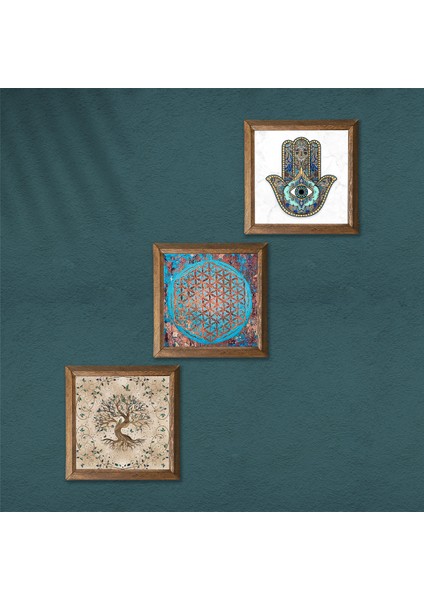 Yaşam Çiçeği, Hayat Ağacı, Fatma Ana Eli (Hamsa) Taş Duvar Tablosu Ahşap Çerçeveli Duvar Dekoru 3 Parça Tablo Seti Wall Art W3-316