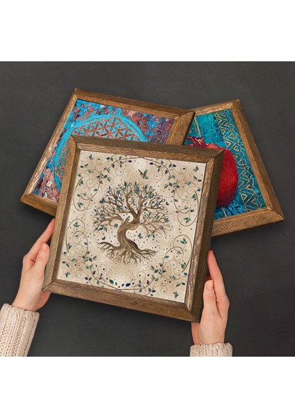 Yaşam Çiçeği, Hayat Ağacı, Fatma Ana Eli (Hamsa) Taş Duvar Tablosu Ahşap Çerçeveli Duvar Dekoru 3 Parça Tablo Seti Wall Art W3-316