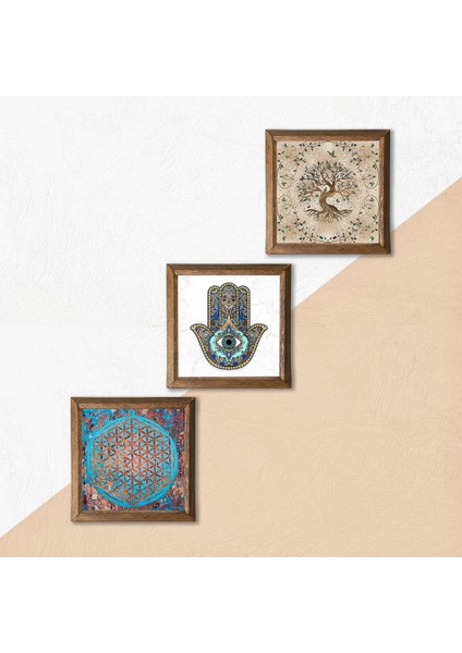 Yaşam Çiçeği, Hayat Ağacı, Fatma Ana Eli (Hamsa) Taş Duvar Tablosu Ahşap Çerçeveli Duvar Dekoru 3 Parça Tablo Seti Wall Art W3-316