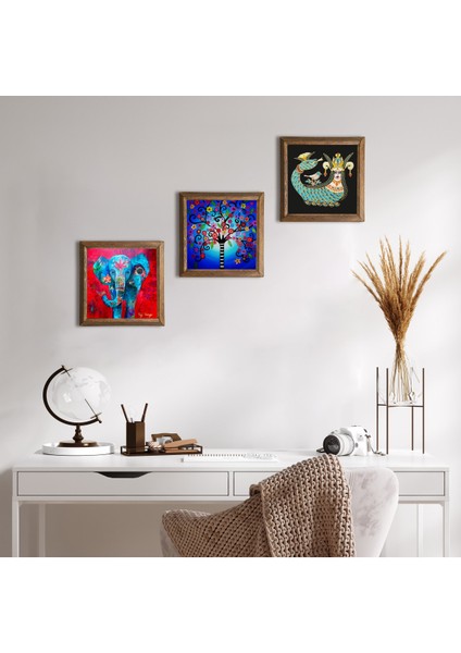 Fil, Hayat Ağacı, Şahmeran Ahşap Çerçeveli Taş Duvar Tablosu 3’lü Set – 25x25 cm Dekoratif Modern Sanat – Ev ve Ofis Dekoru |W3-322|