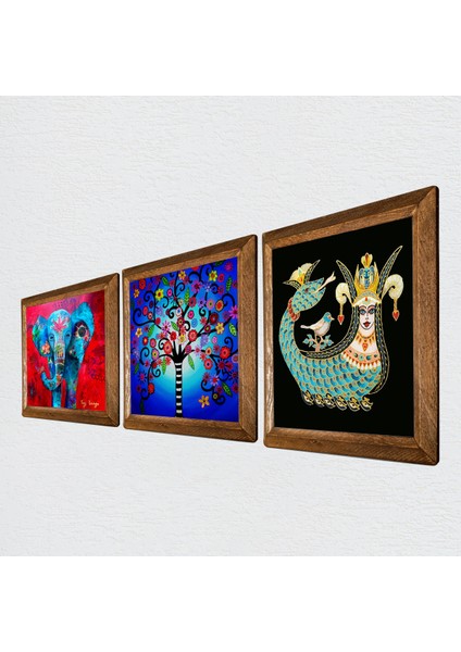 Fil, Hayat Ağacı, Şahmeran Ahşap Çerçeveli Taş Duvar Tablosu 3’lü Set – 25x25 cm Dekoratif Modern Sanat – Ev ve Ofis Dekoru |W3-322| fiyatları